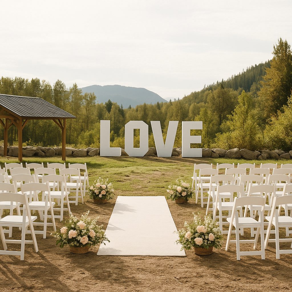 Ceremony aisle with LOVE sign and mountain views
