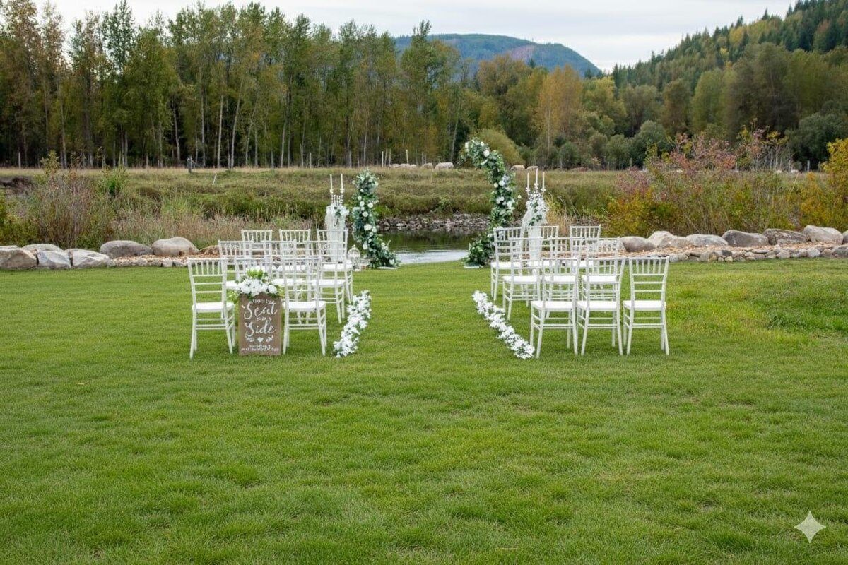 Ceremony arch and seating in the open meadow