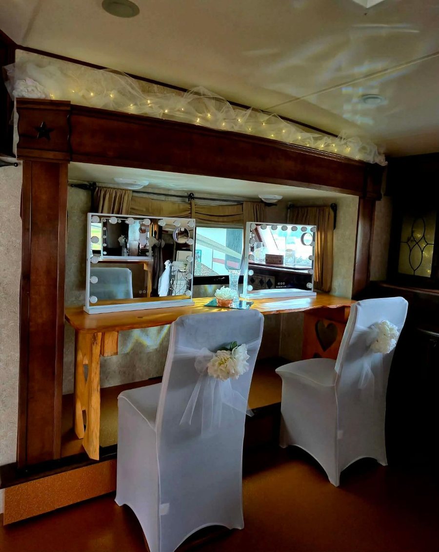 Vanity mirrors inside the 40-foot bridal suite at Eden Farm